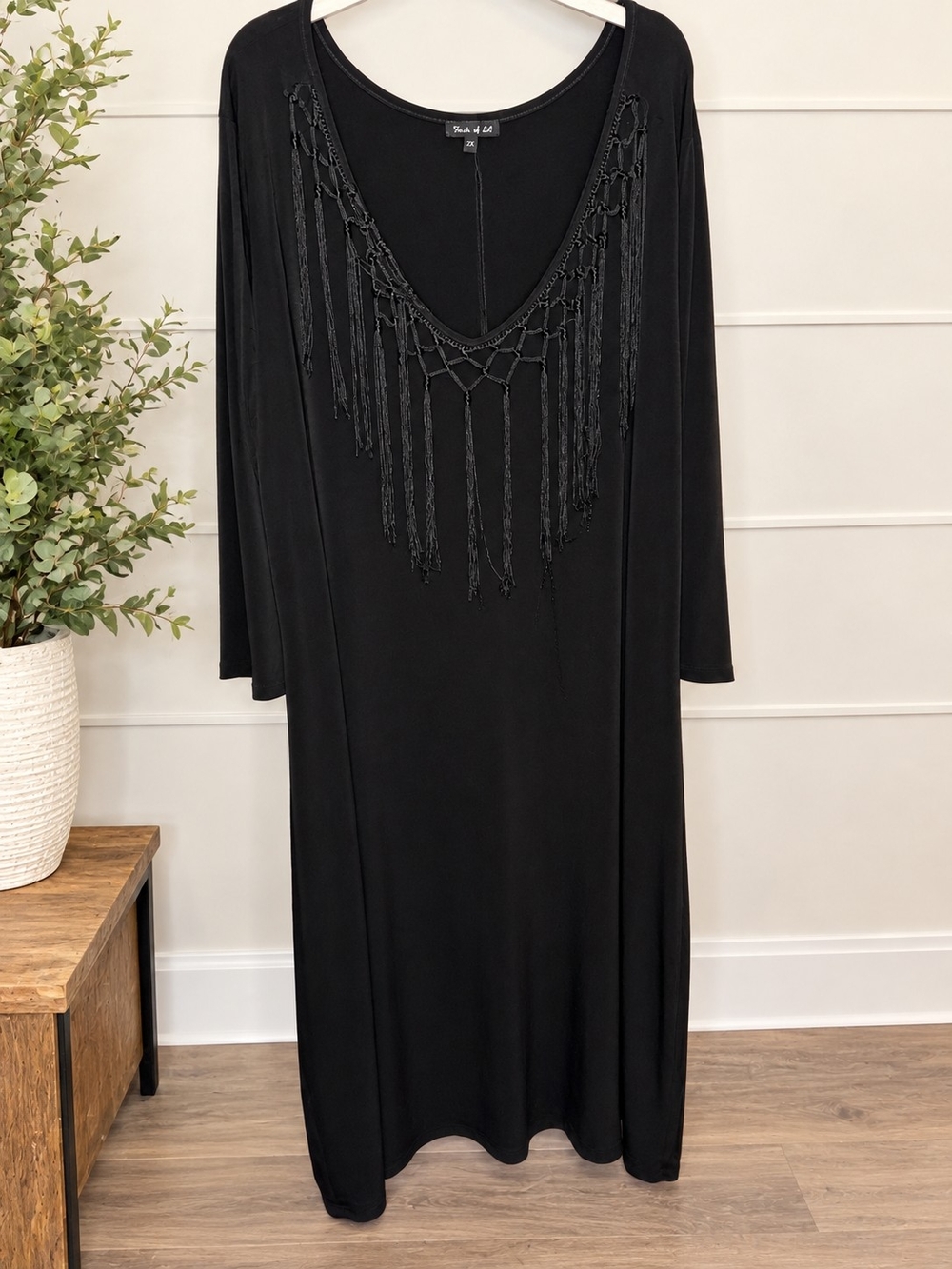 Black Fringe Scoop-Neck Maxi Dress Size 2XL